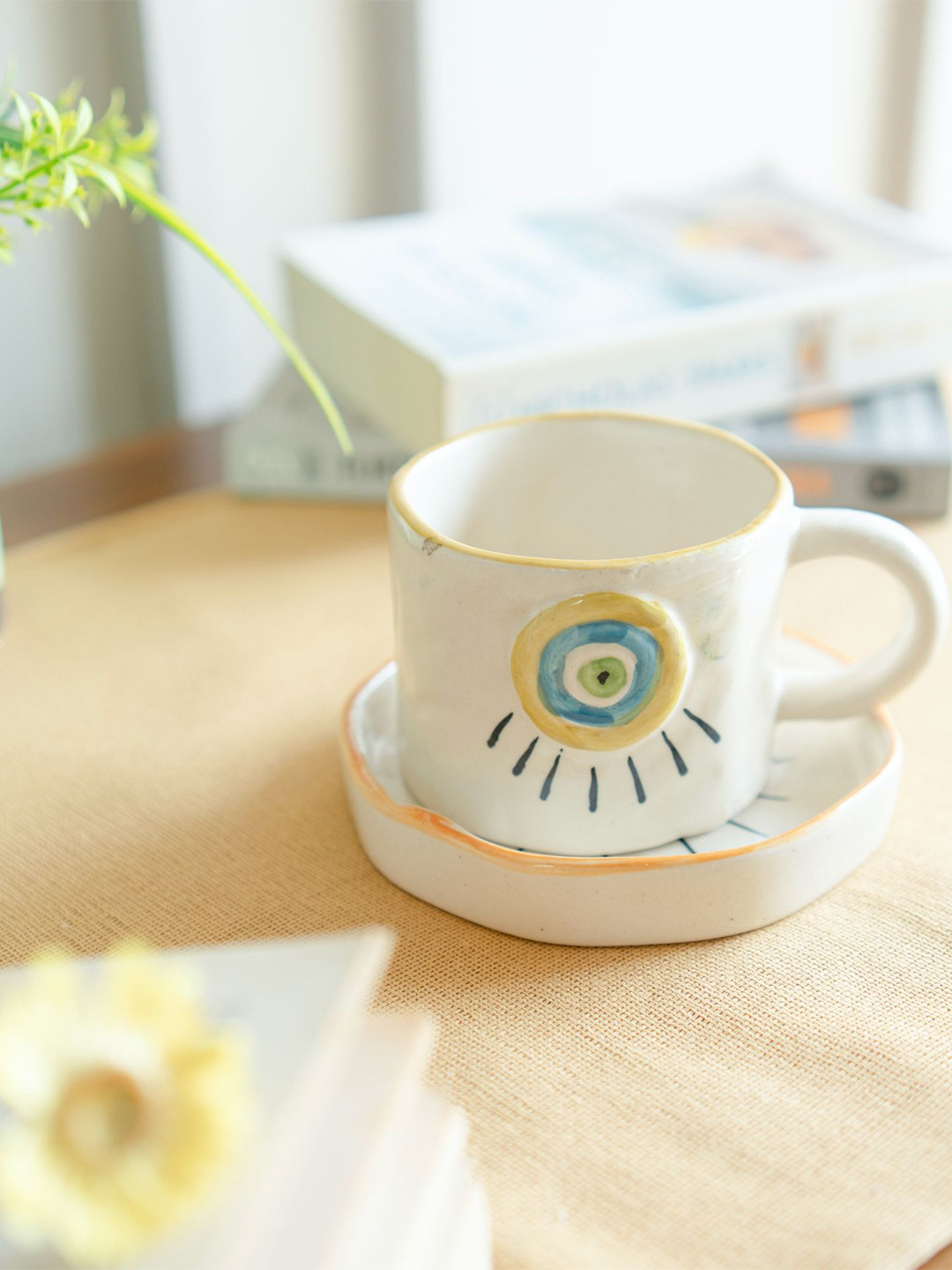 ArteCasa White & Beige Eye of Protection Cup & Saucer-220 ml
