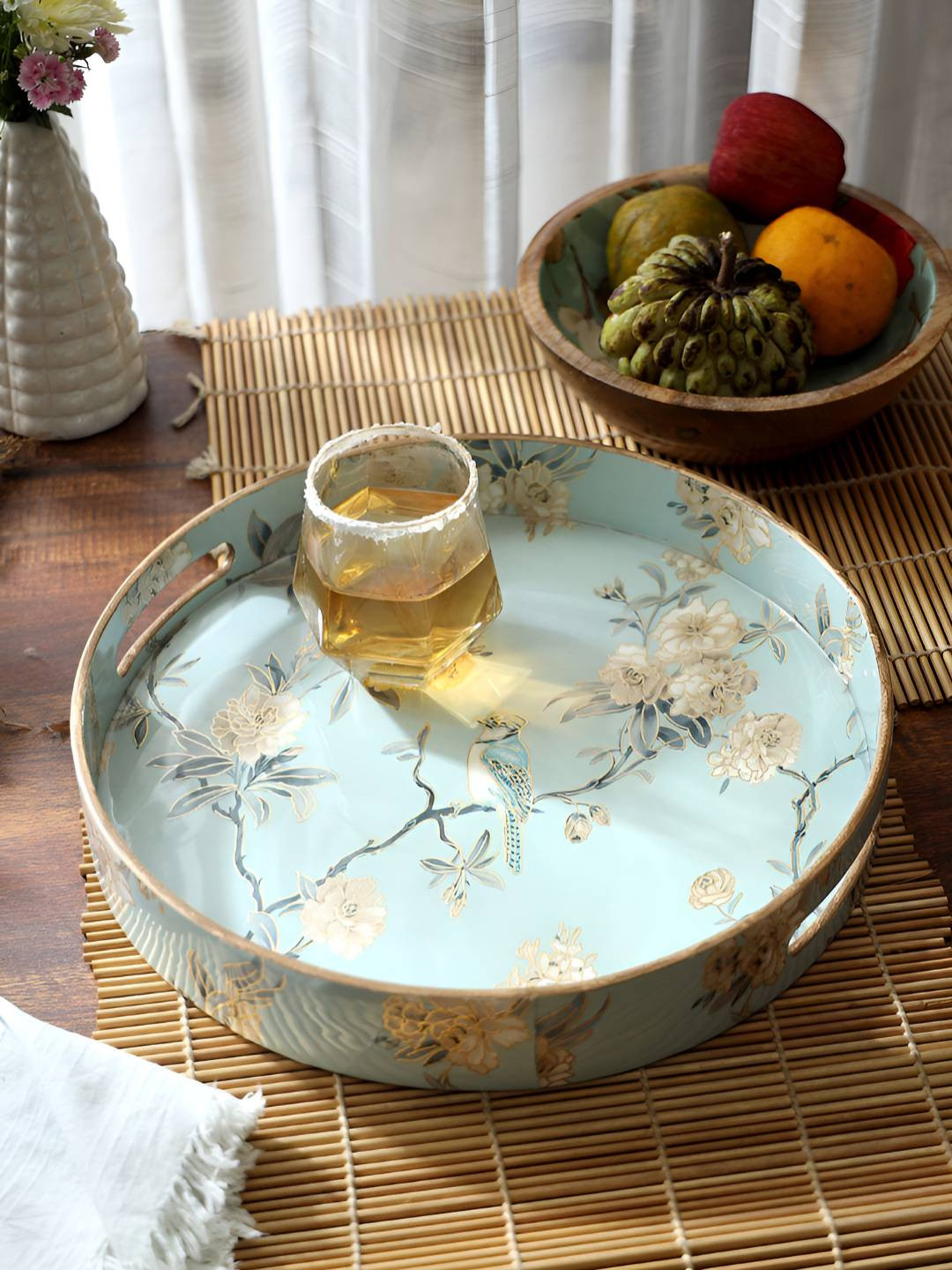 DULI Blue And Beige Floral Printed Easy To Clean Serving Tray