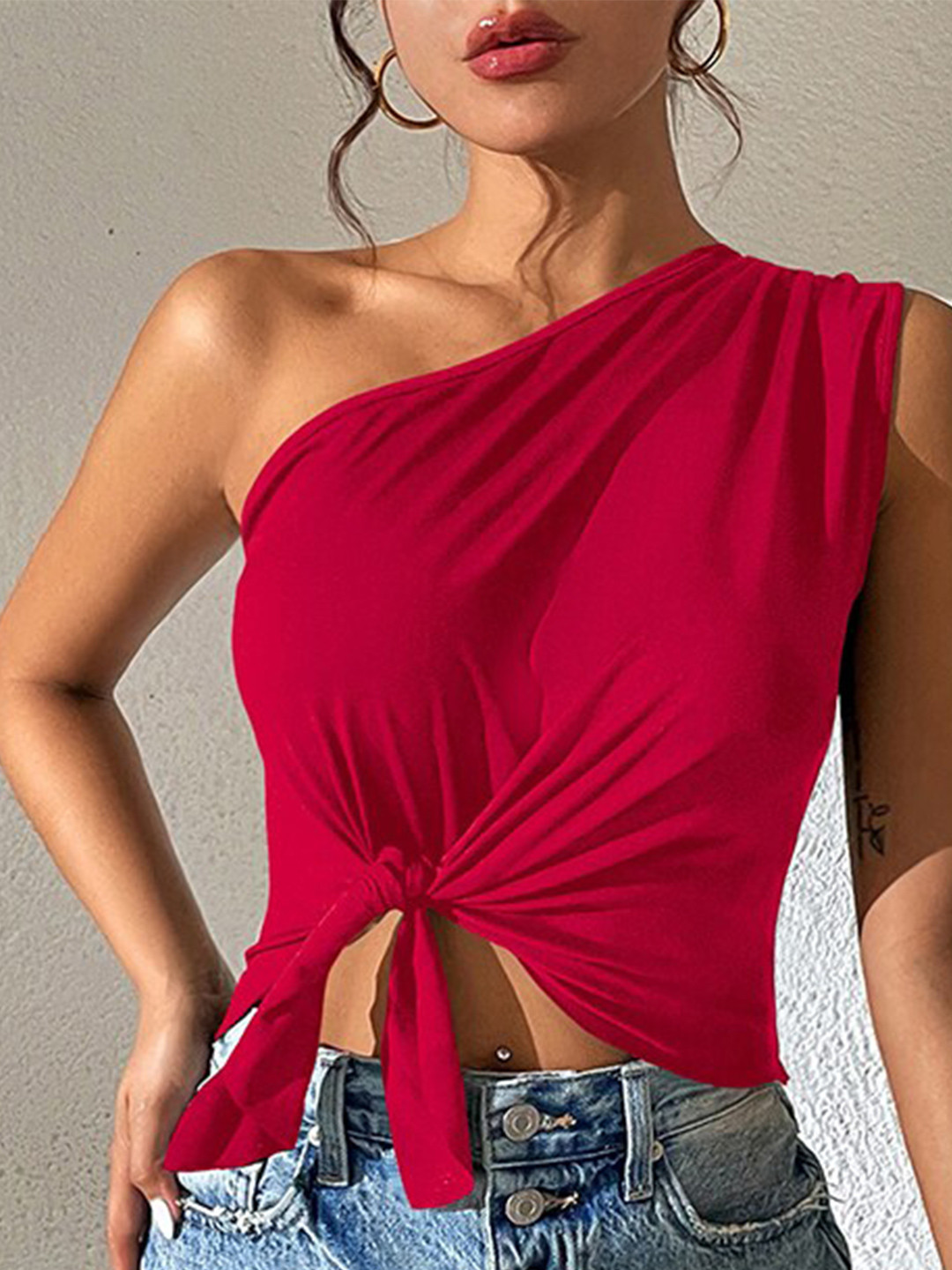 StyleCast Red Knotted Detail One Shoulder Crop Fitted Top