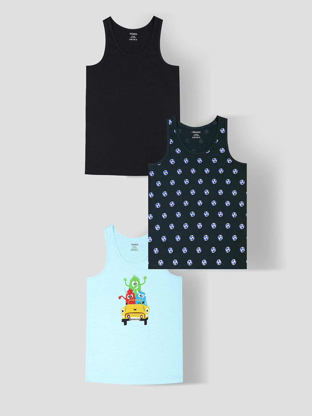 TRESNOVA Boys Pack Of 3 Pure Cotton Innerwear Vests with Anti-Microbial Technology