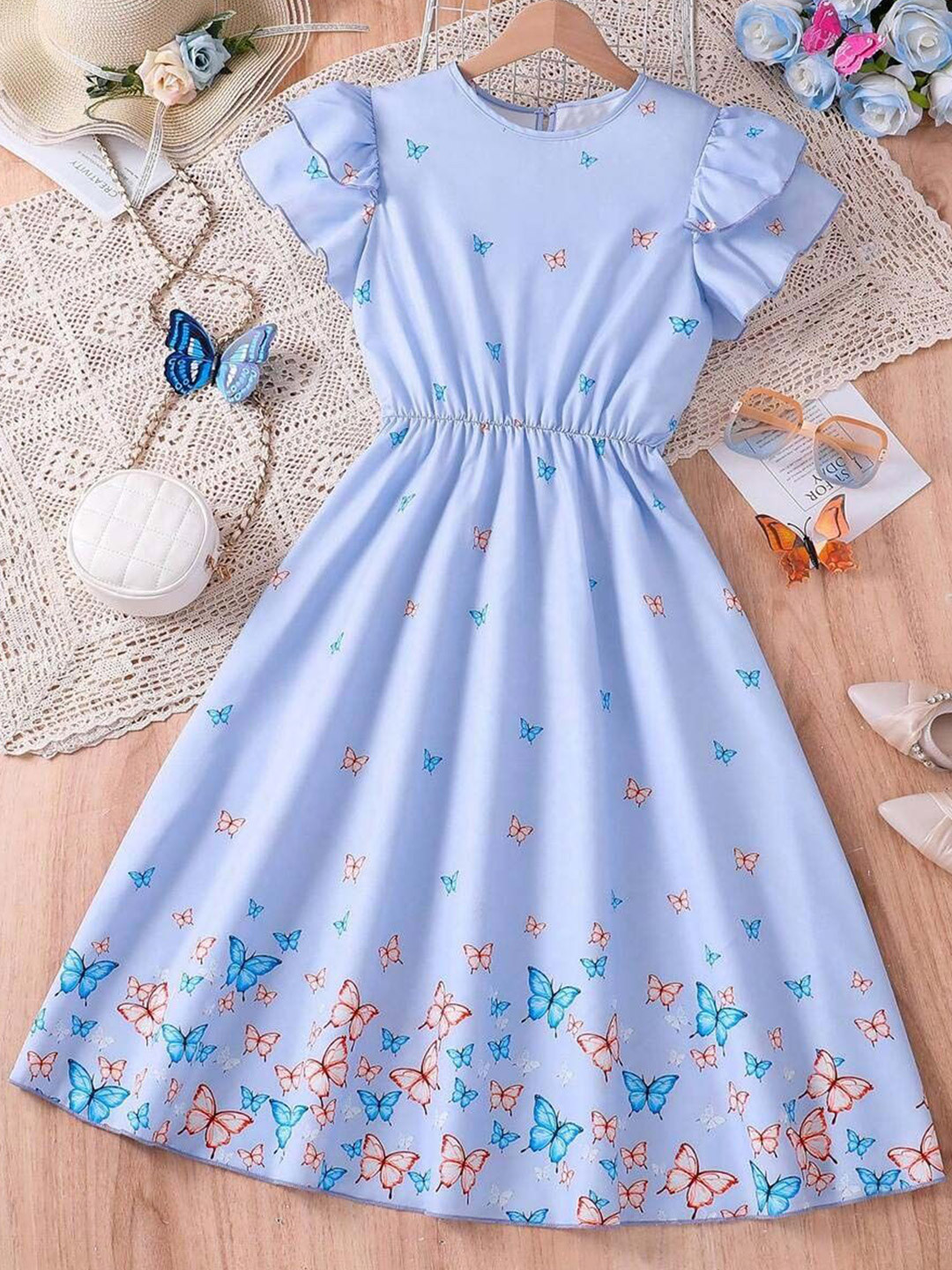 White World Girls Floral Print Flared Sleeve Fit & Flare Dress
