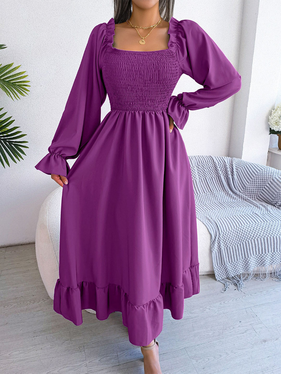 StyleCast Purple Puff Sleeve Square Neck Fit & Flare Midi Dress