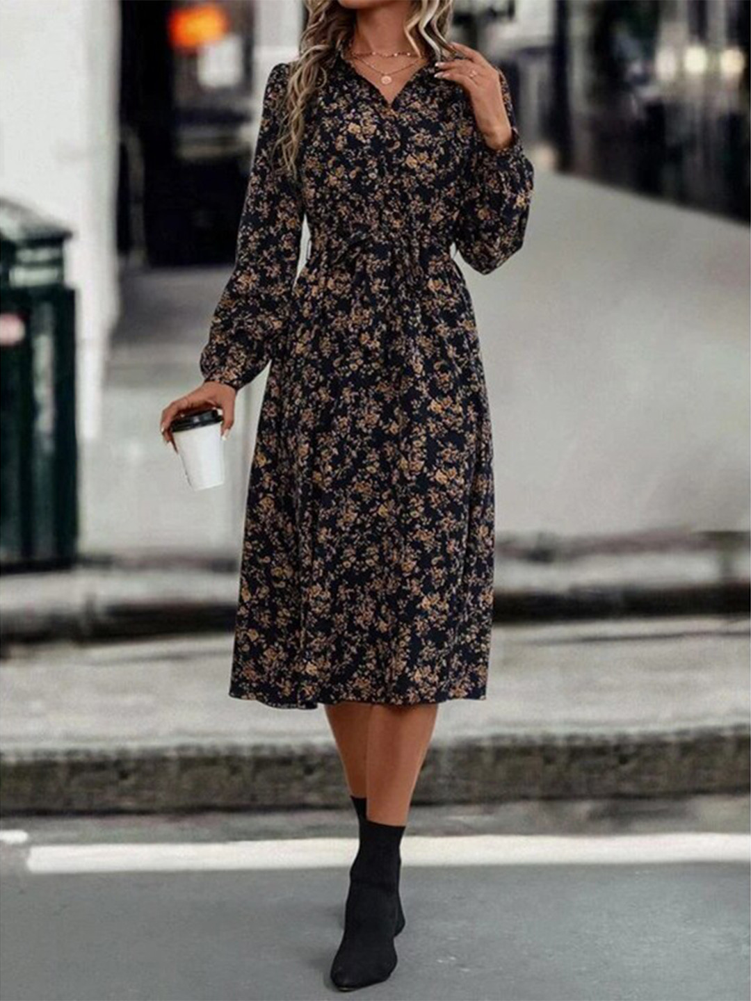 StyleCast Black Floral Printed Shirt Collar Cuffed Sleeves Fit and Flare Midi Dress