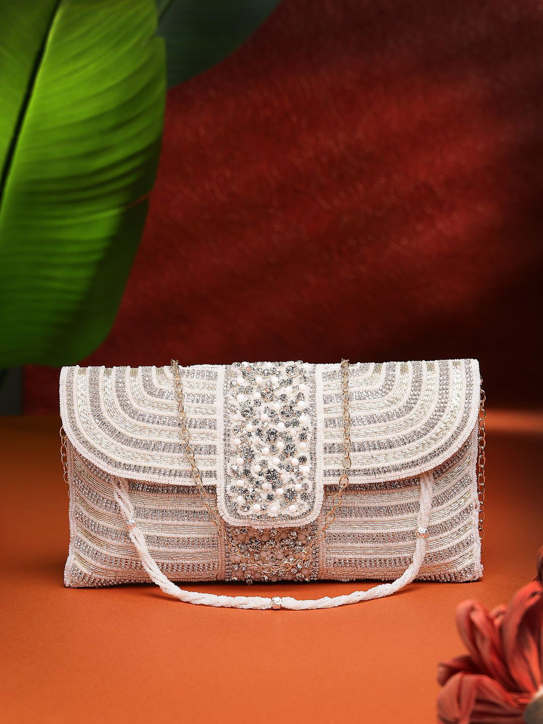 Anekaant Adorn White & Gold Stone Work Embellished Faux Silk Clutch