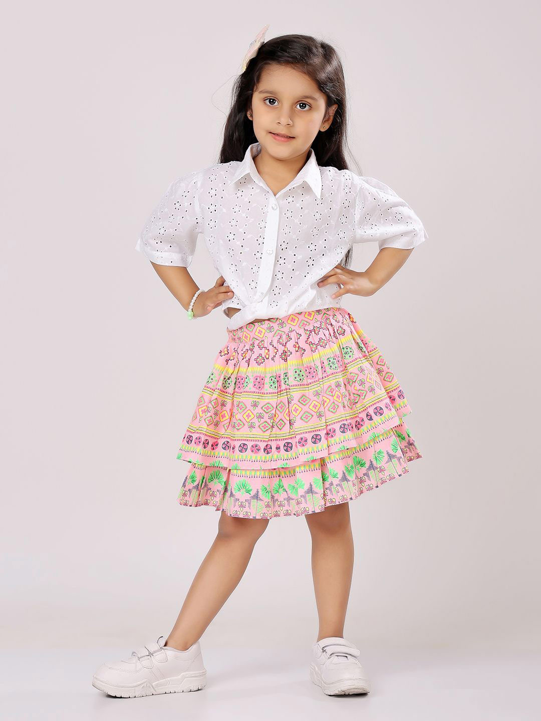 Piccolo Piglet Girls Self Design Pure Cotton Shirt With Skirt