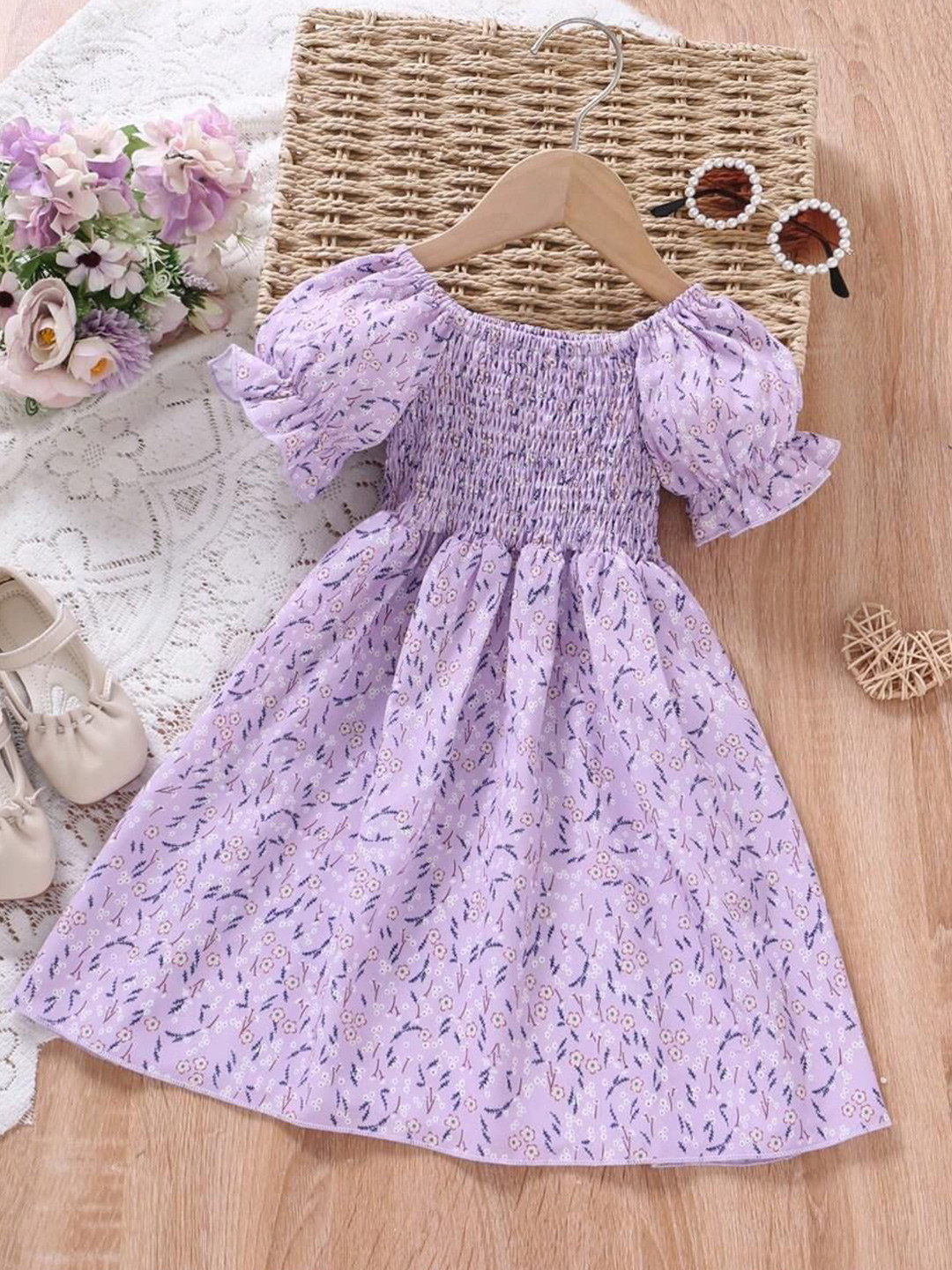 White World Girl's Floral Printed Smoked Puff Sleeves Fit & Flare Knee Length Dress