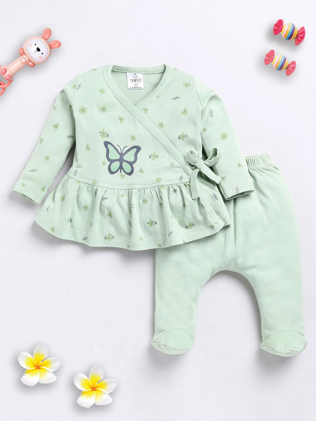 YK X Tinyo Infant Girls Pure Cotton Floral Printed Frock with Footies