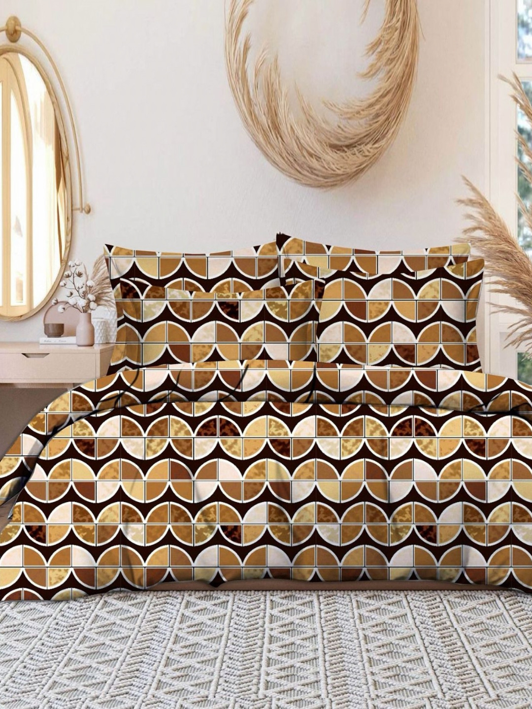 A Homes Grace Brown Geometric Microfiber Skin-Friendly 120 TC Fitted King Bedsheet with 2 Pillow Covers-250 x 220 cm