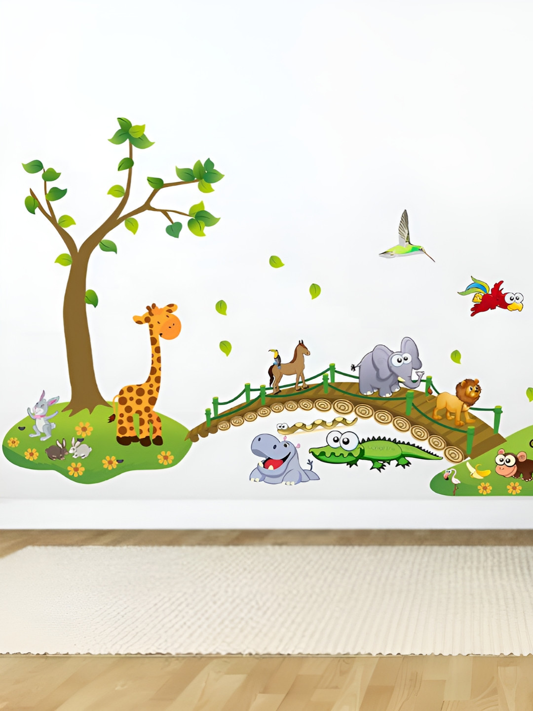 LANSTICK Green & Brown Tree With Wild Animals Printed Self-Adhesive WallStickers