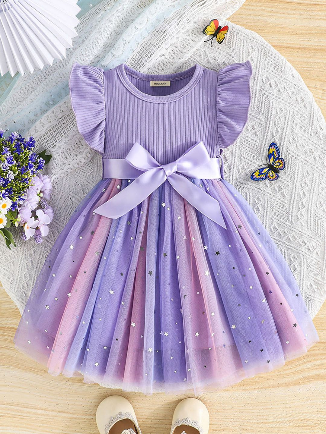 INCLUD Girl's Flutter Sleeve Fit & Flare Dress Comes with a belt