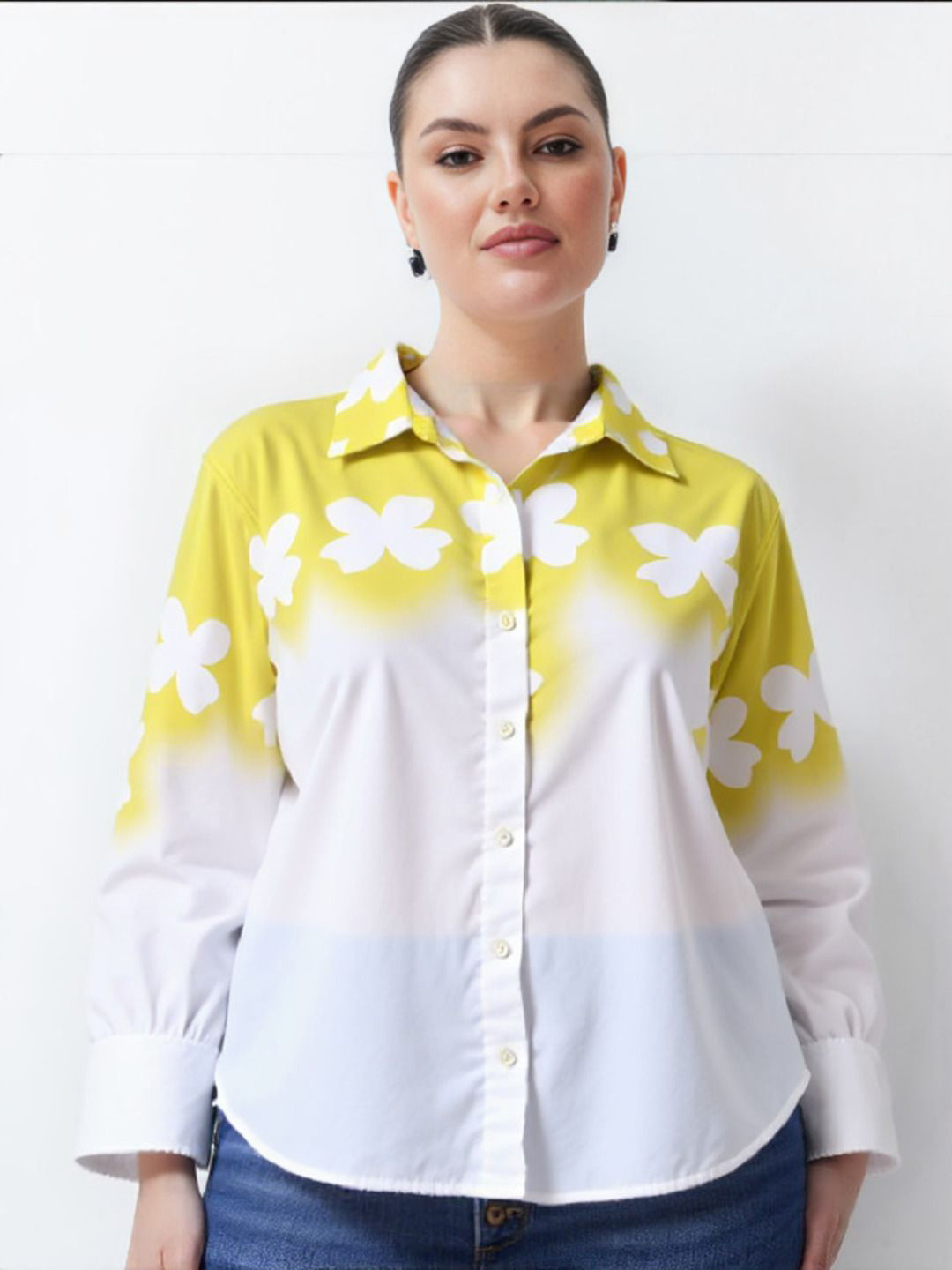MAYKR Women Plus Size Floral Printed Spread Collar Cotton Casual Shirt