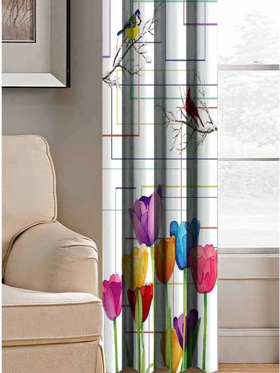 Aura White & Yellow Birds Printed Light Blocking Door Curtain