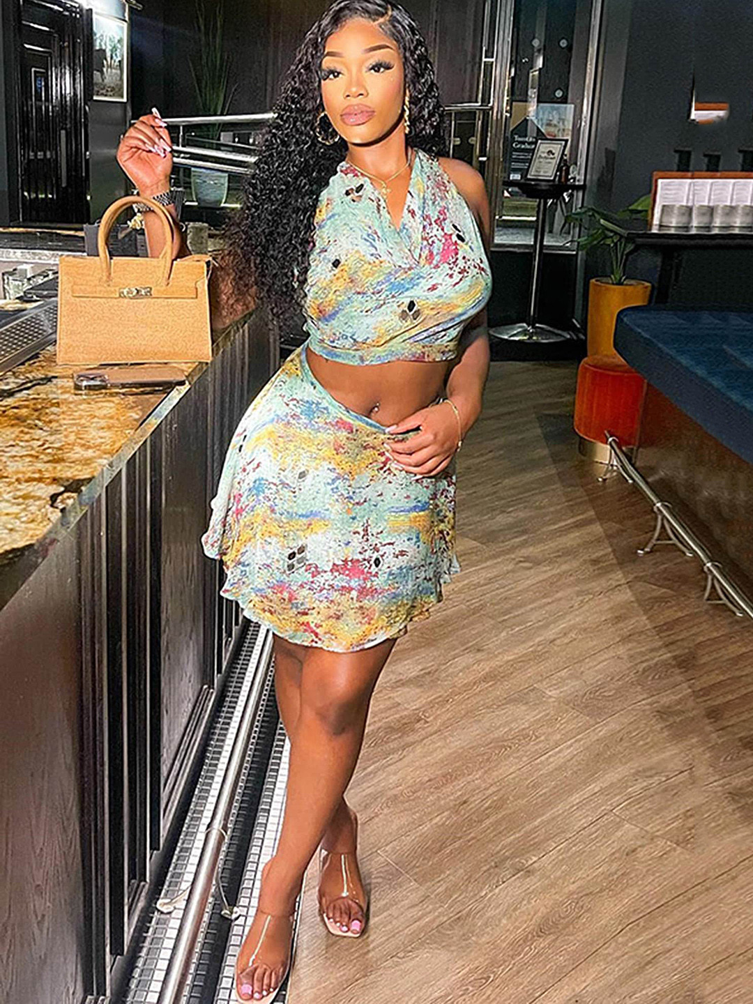 LULU & SKY Printed Cowl Neck Crop Top With Skirt