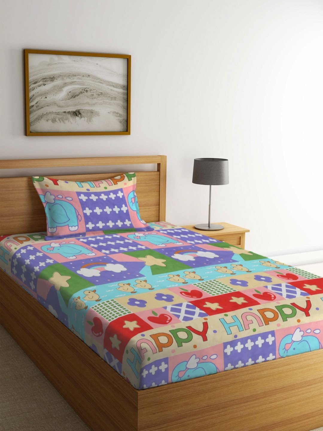 Myntra Elegant Homes Glazed Purple Conversational Cotton 300 TC Single Fine Bedsheet with a Pillow Cover-87 x 59 inches