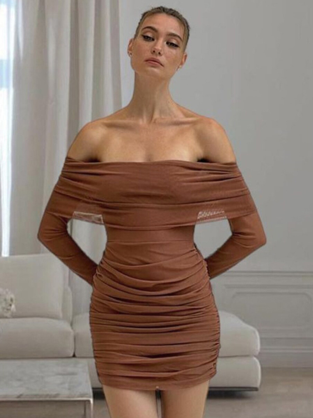 StyleCast Brown Off-Shoulder Ruched Bodycon Mini Dress