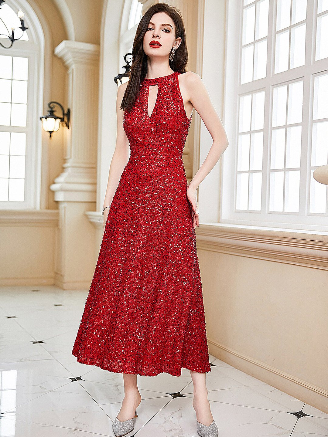 LULU & SKY Embellished Sleeveless Midi Party Dress