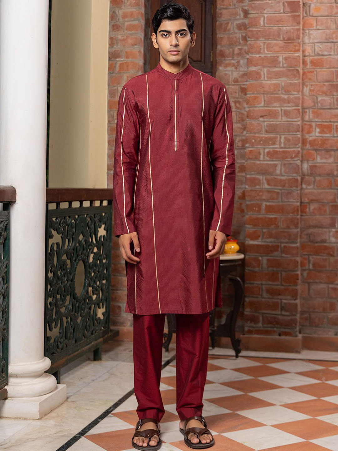 PATR Striped Mandarin Collar Straight Kurta With Trousers