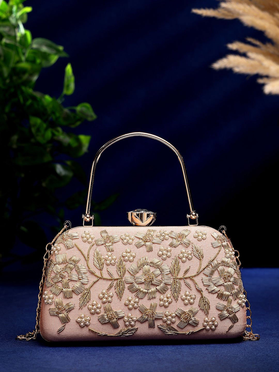 Anekaant Adorn Salmon Pink & Gold Floral Dabka Embellished Faux Silk Clutch