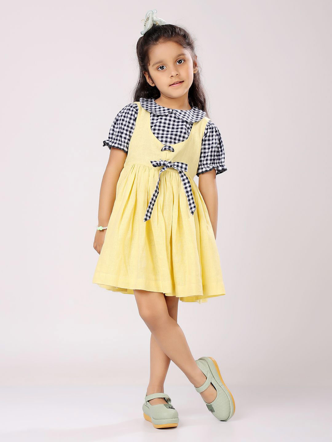 Piccolo Piglet Puff Sleeve Linen Pinafore Dress