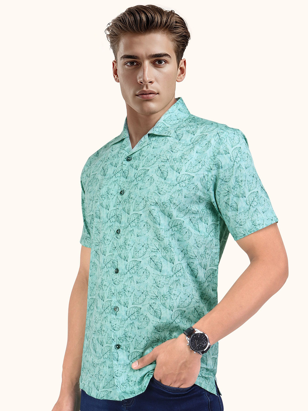 ROUGHELLS Men Slim Fit Floral Printed Cuban Collar Cotton Casual Shirt