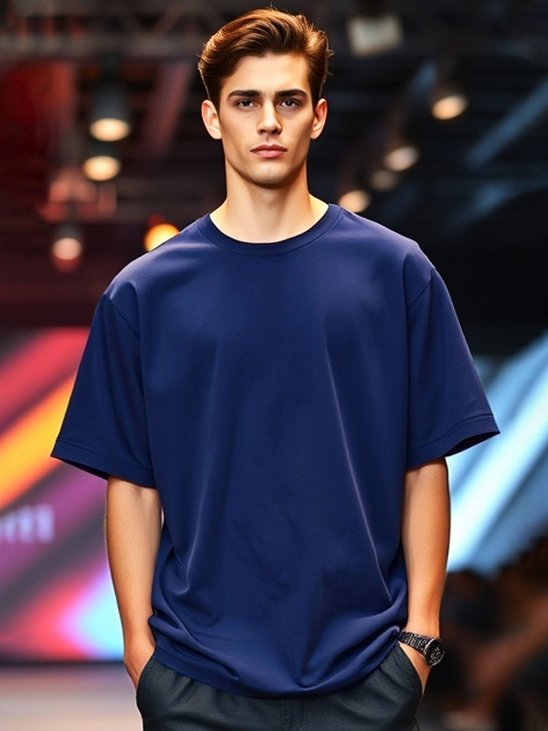 THE BEETEL HOUSE Men Solid Round Neck Cotton Oversized T-shirt
