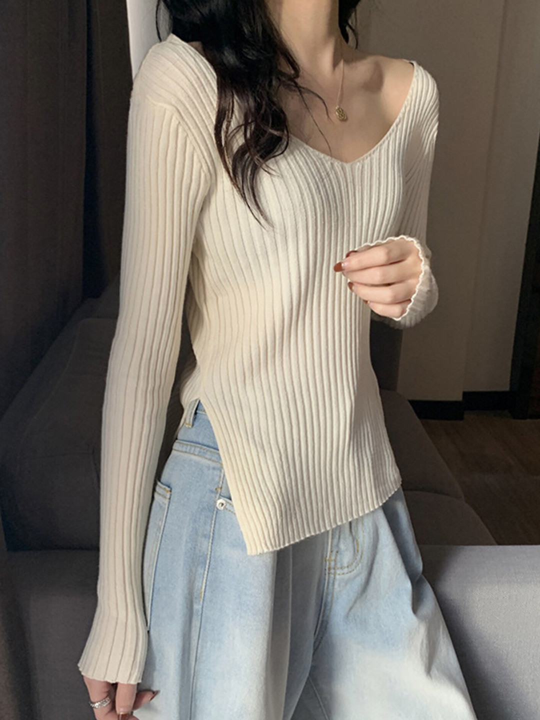 LULU & SKY Vertical Striped Long Sleeves Slit Top