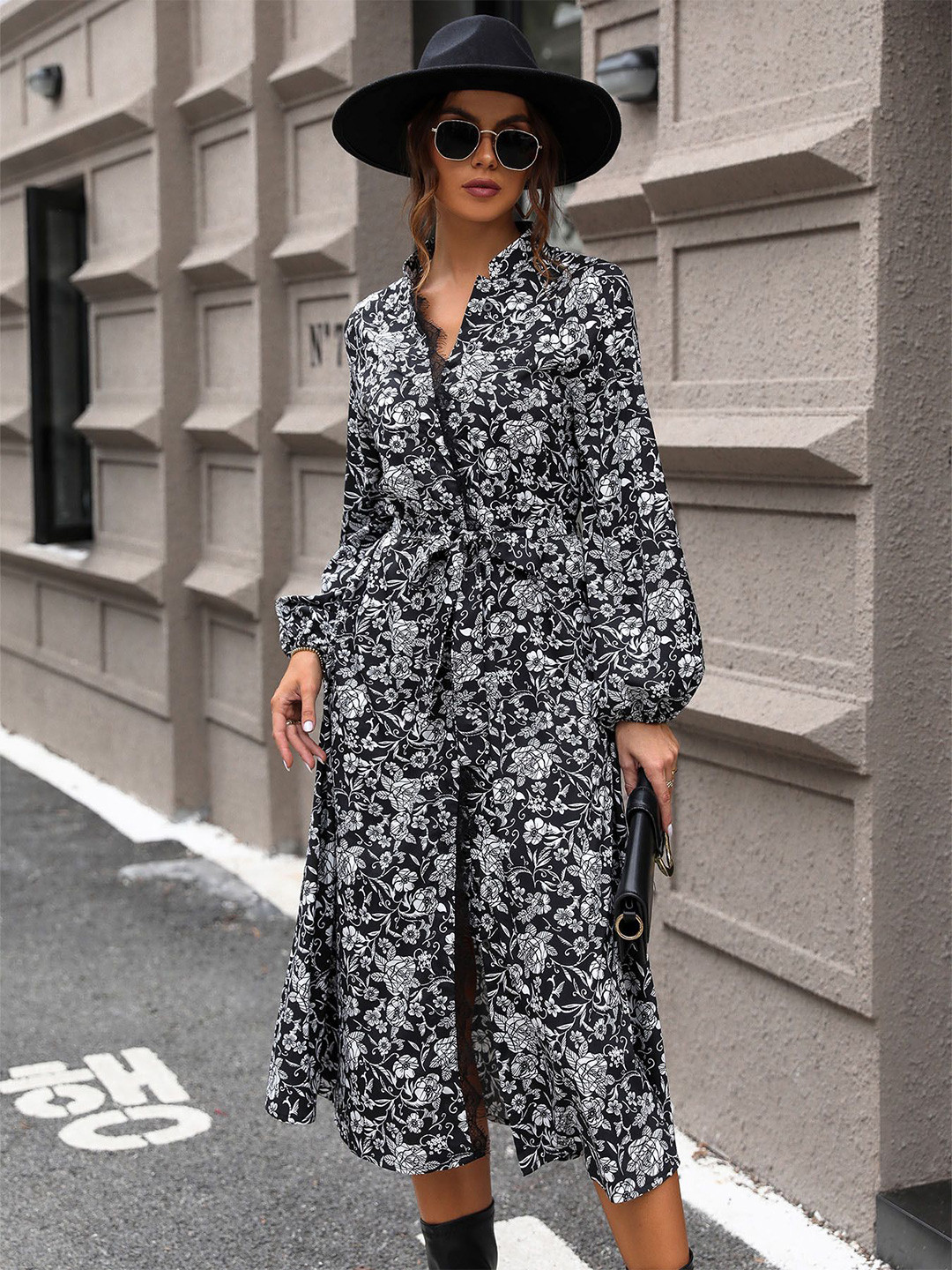 Black Floral Print Shirt Dress with Long Sleeves