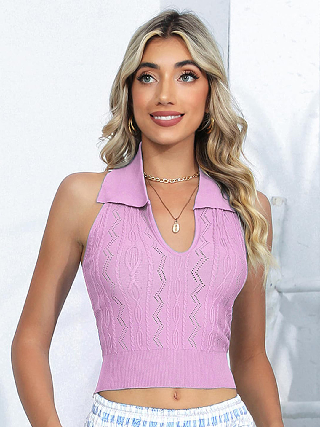 LULU & SKY Pink Self Design Shirt Collar Crop Top