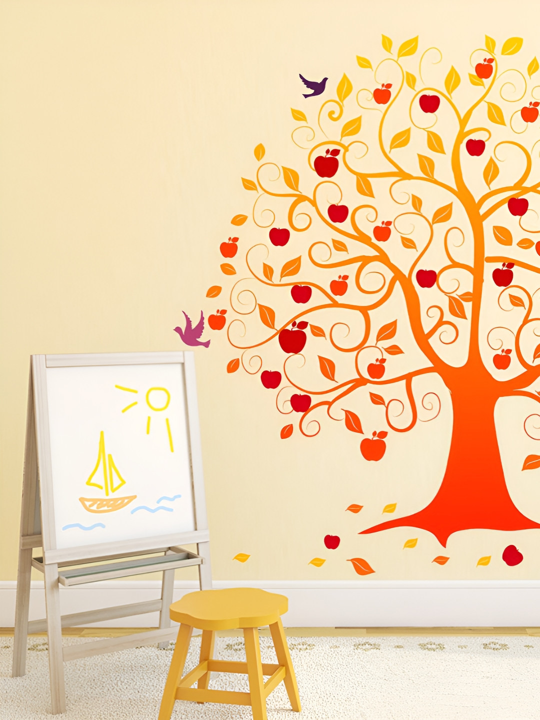 LANSTICK Orange-Coloured & Red Apple Tree With Birds Printed Self-Adhesive WallStickers