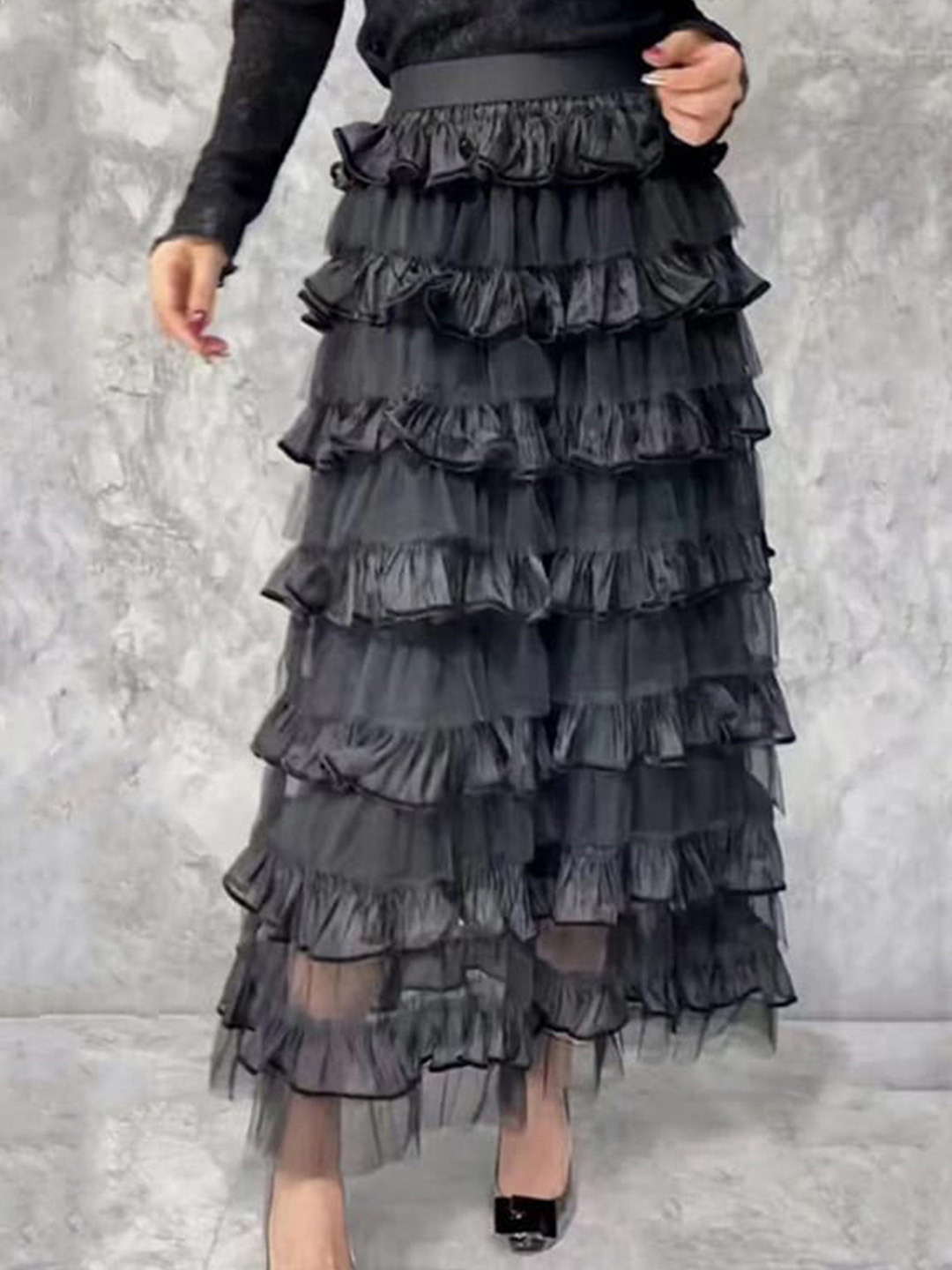 StyleCast Black Ruffles Tiered Maxi Length Skirt