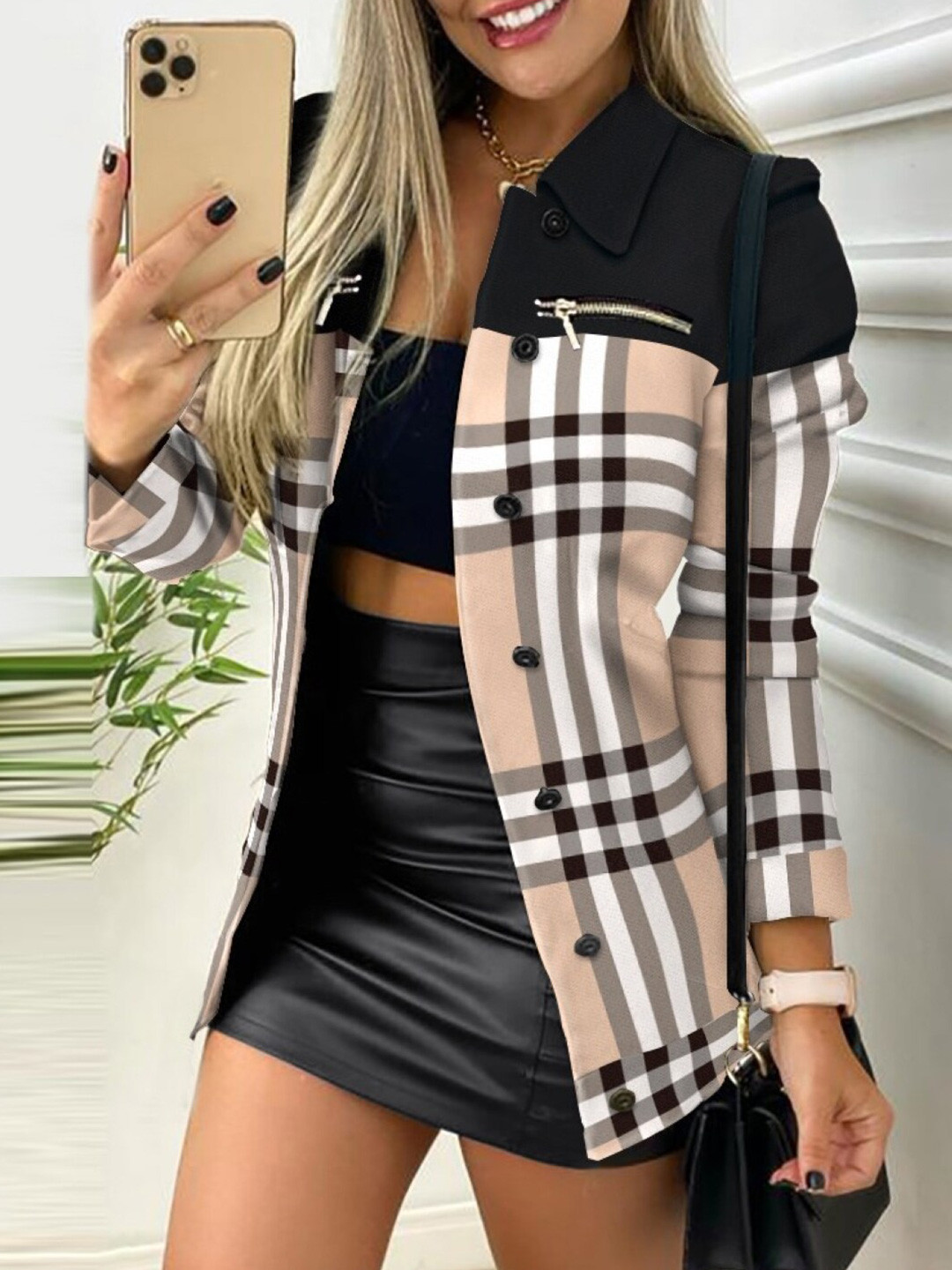 StyleCast Beige Checked Longline Open Front Jacket