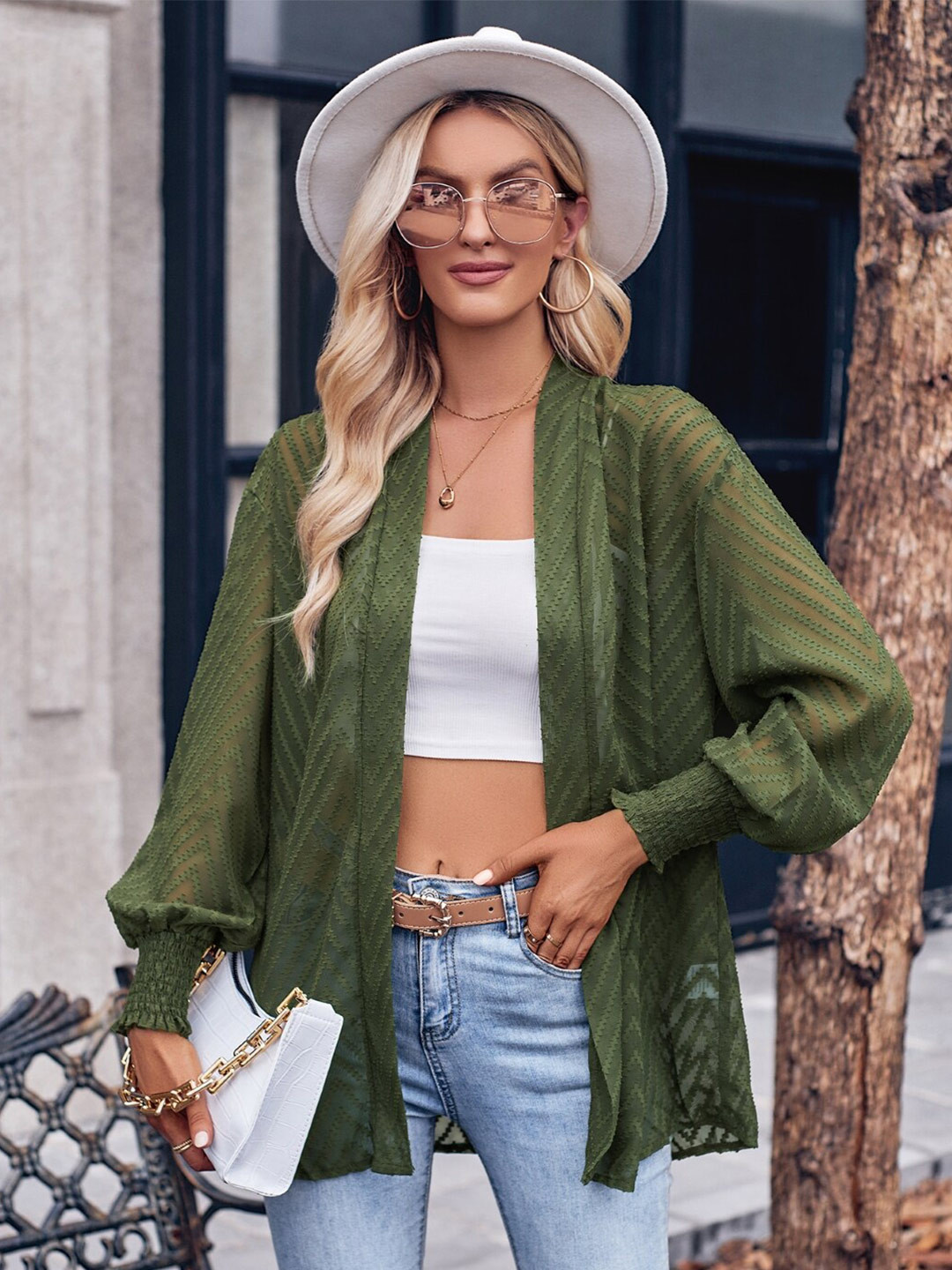 StyleCast Green Self Design Cuff Sleeves Smocked Shirt Style Top