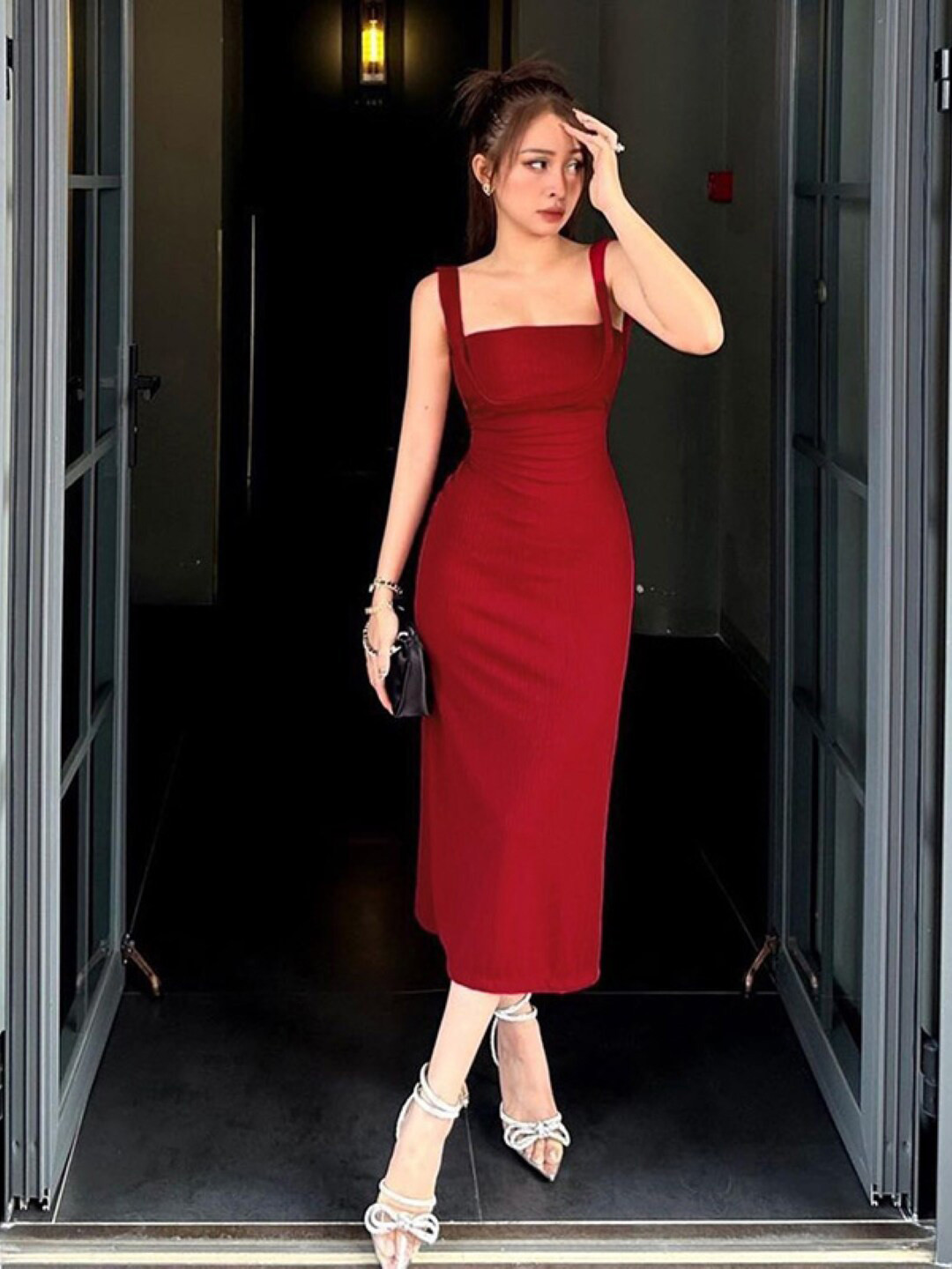 StyleCast Red Halter Neck Bodycon Midi Dress