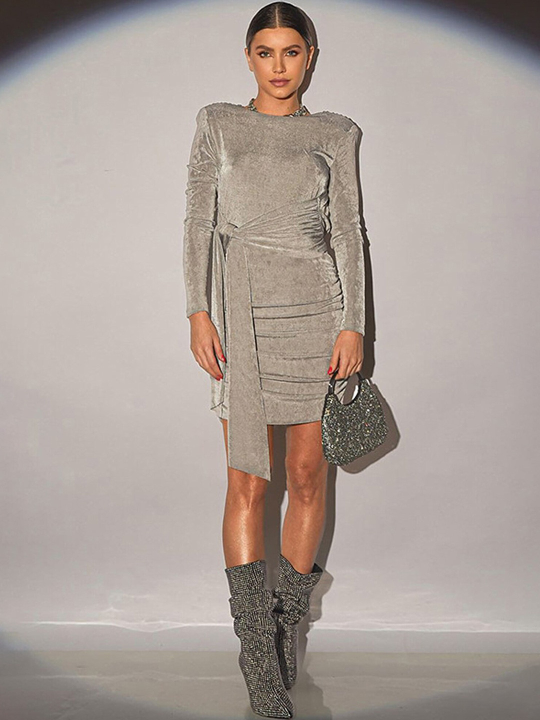 LULU & SKY Round Neck Tie Up Ruched Sheath Dress