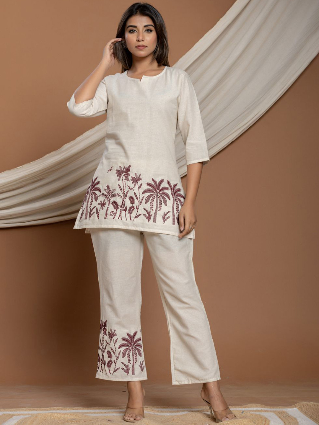 CUSTARD White Cotton Embroidered Round Neck Tunic With Trousers Co-ord Set For Women