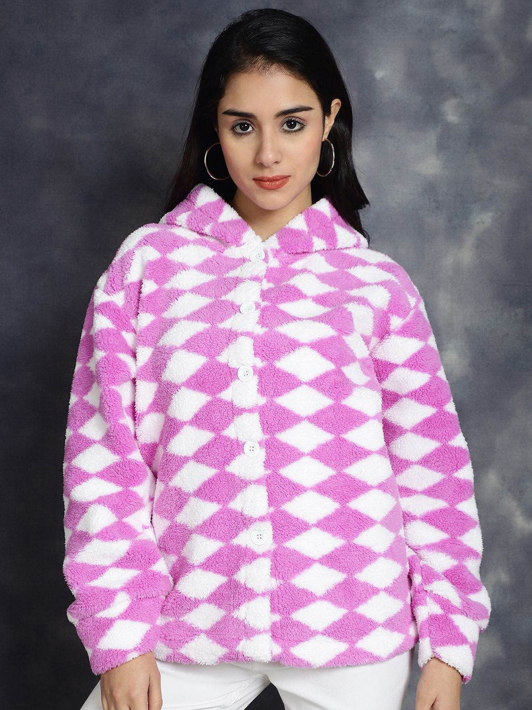 JAKANARY Geometric Self Design Hooded Faux Fur Trim Lightweight Tailored Jacket