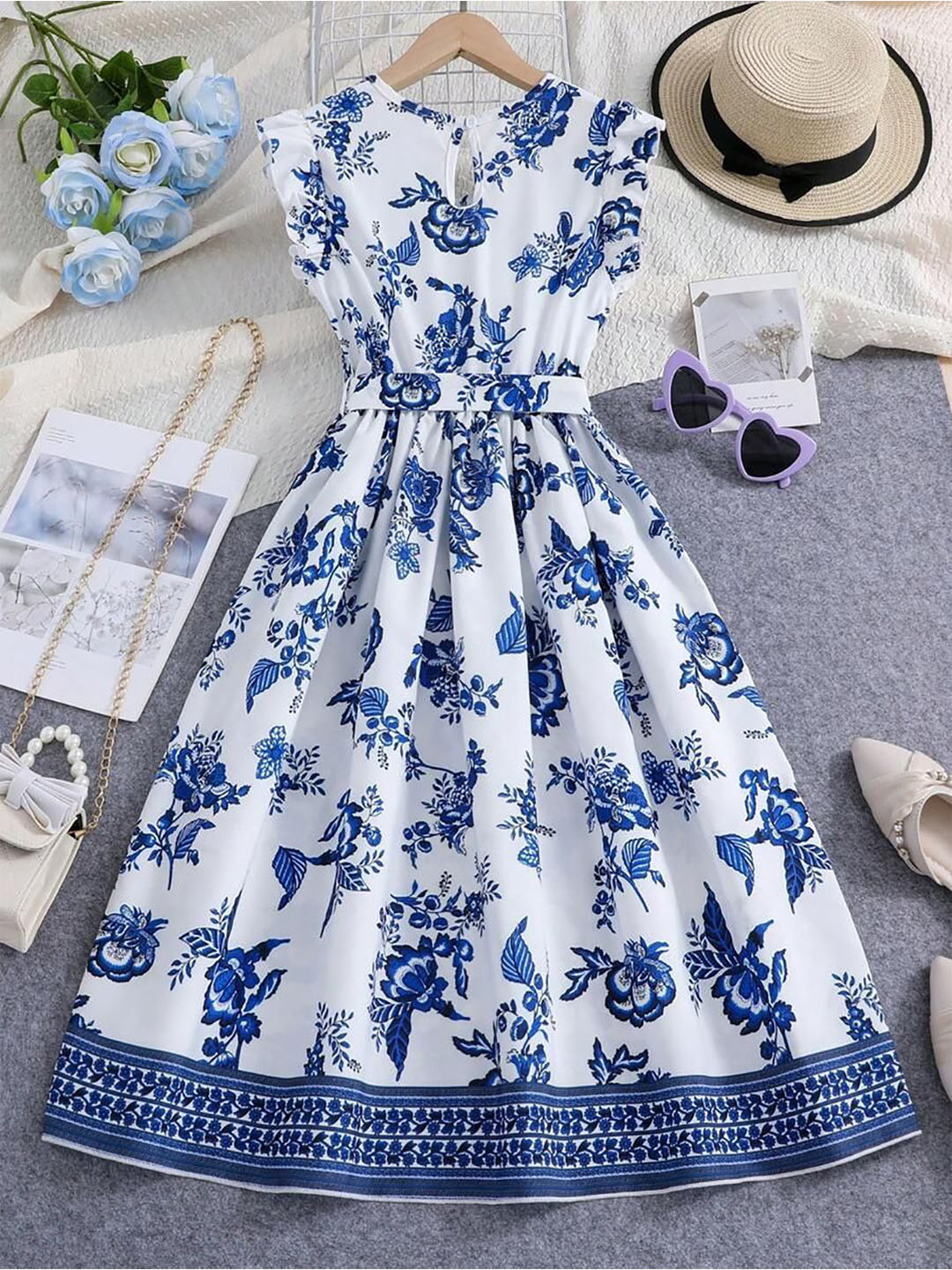 White World Girl's Floral Printed Flutter Sleeves Cotton Fit & Flare Maxi Dress
