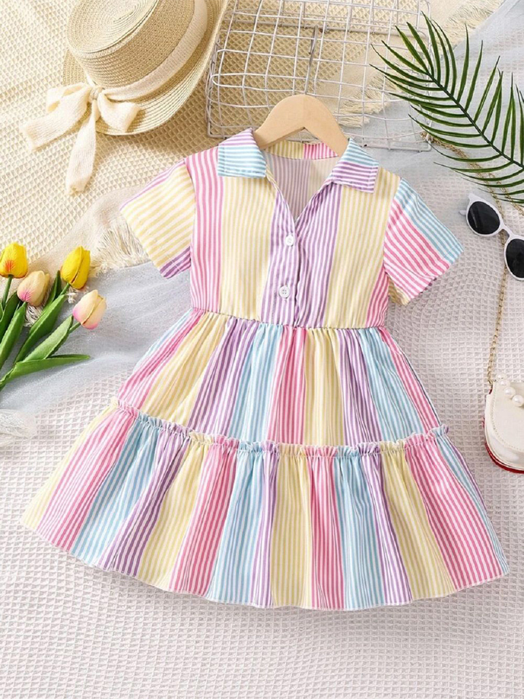White World Girls Striped Shirt Collar Fit & Flare Dress
