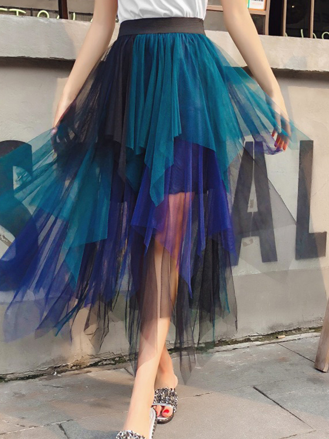 StyleCast Blue Ombre Dyed Ruffles Flared Midi Skirt