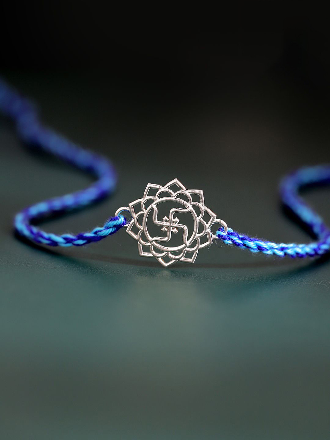 Studio Voylla Sterling Silver Lotus of Blessings Swastik Thread Rakhi