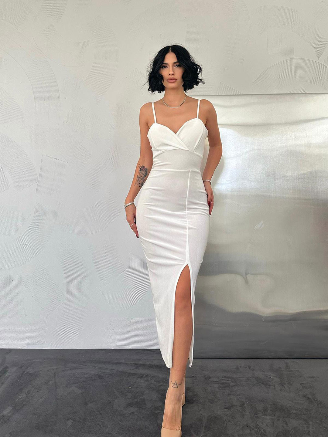 Zwankee Hot Mess Women Solid White Slits Detail Bodycon Wrap Midi Dress