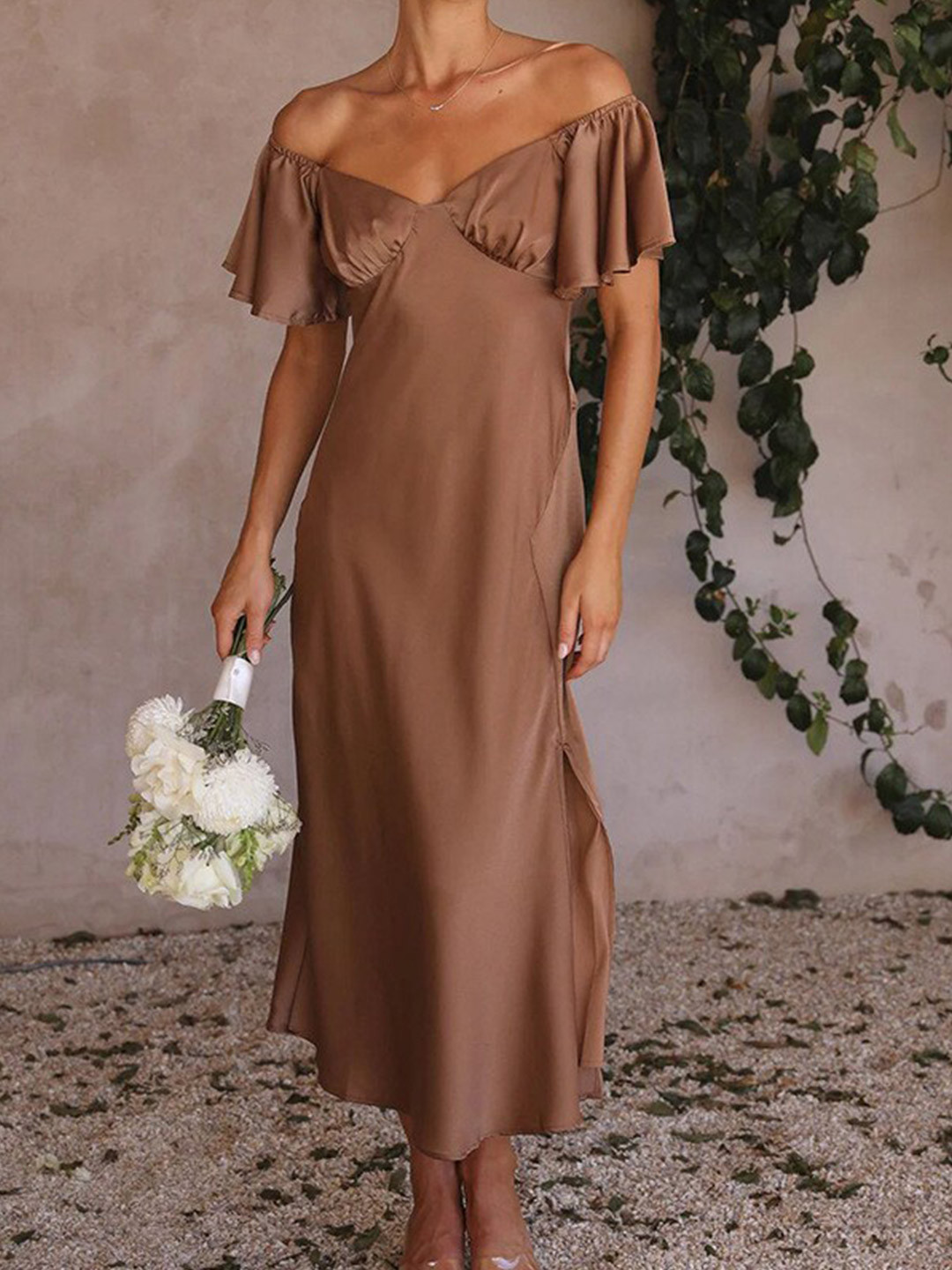 StyleCast Brown Solid Cotton Off-Shoulder Flutter Sleeve A-Line Sheen Dress