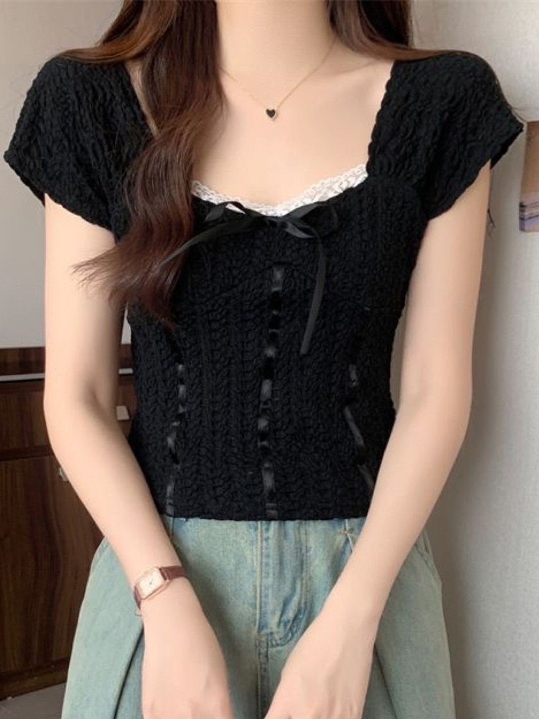 StyleCast Women Black Lace & Bow Detailed Square Neck Top