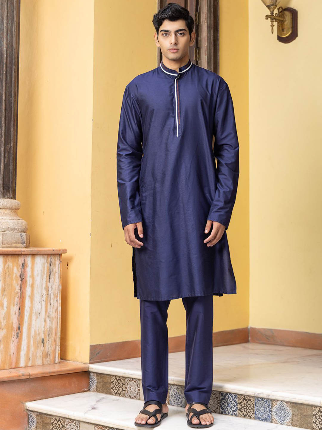 PATR Solid Mandarin Collar Straight Kurta With Trousers And Dupatta