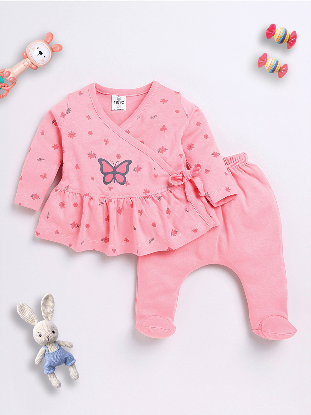 YK X Tinyo Infant Girls Pure Cotton Floral Printed Frock with Footies