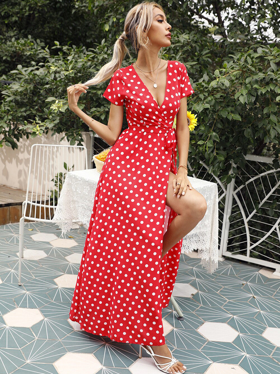 StyleCast Red Polka Dot Printed Maxi Dress