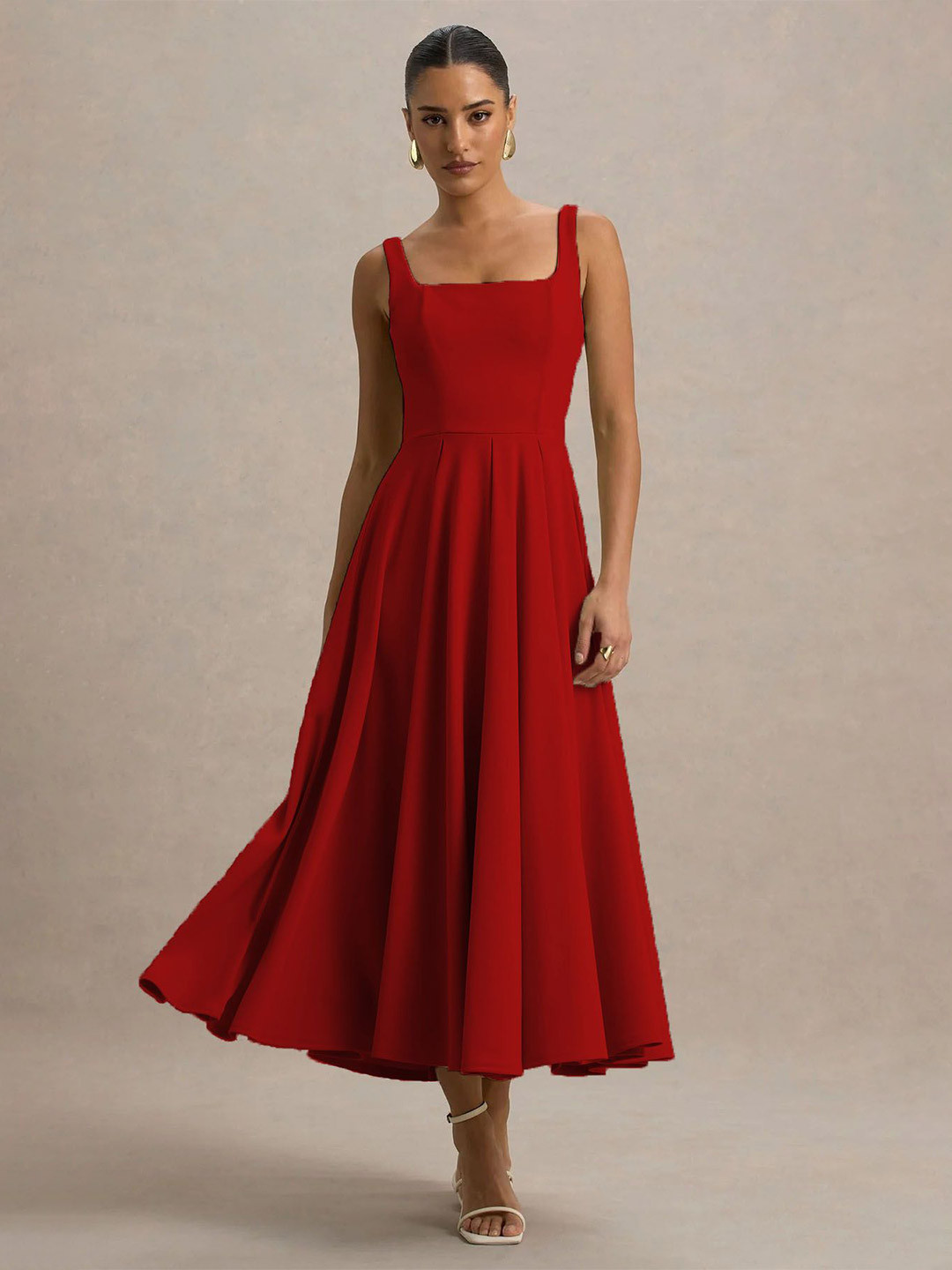 TRAQUILA Solid Red Fit and Flare Midi Dress