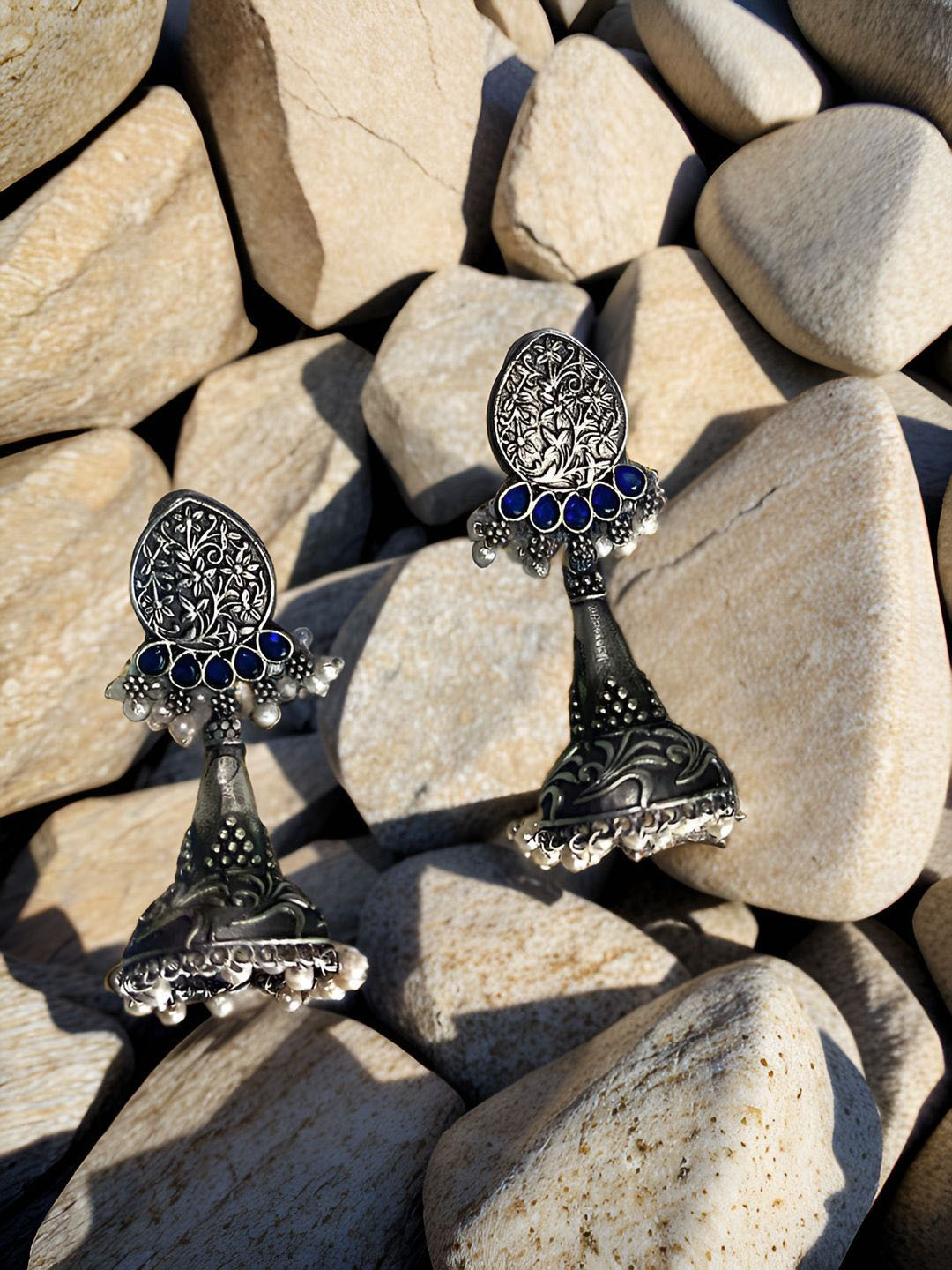 Bucciato Private Limited Artificial Stones Studded Dome Shaped Oxidized Jhumkas