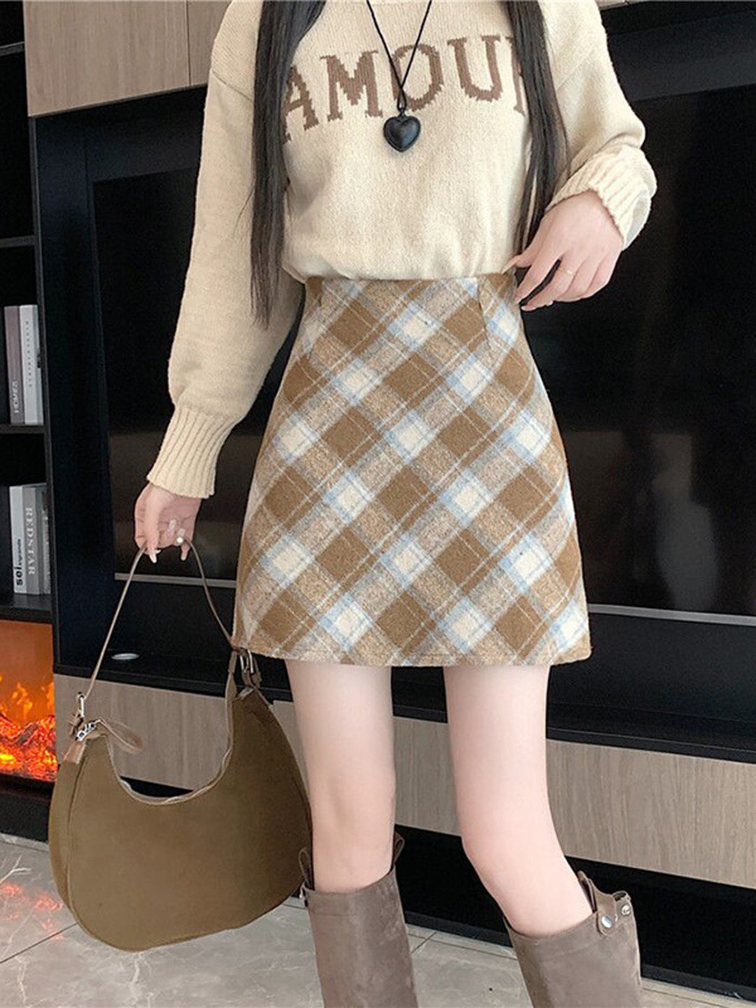 StyleCast Khaki Checked Pencil Mini Skirt