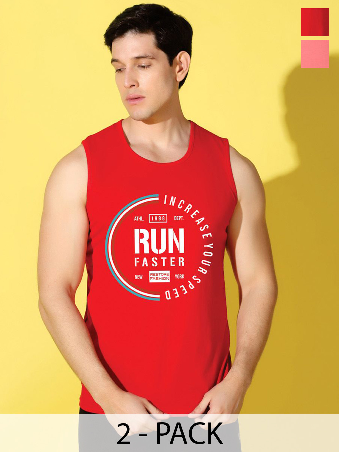 WOOSTRO Pack Of 2 Printed Combo Cotton Gym InnerwearVest VWS26(RUN RED)(ALONE PEACH)